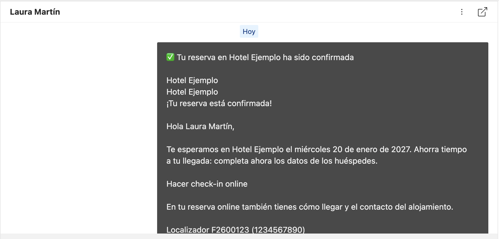 Correo de confirmación de Roomdoo convertido en texto plano en la conversación de la reserva