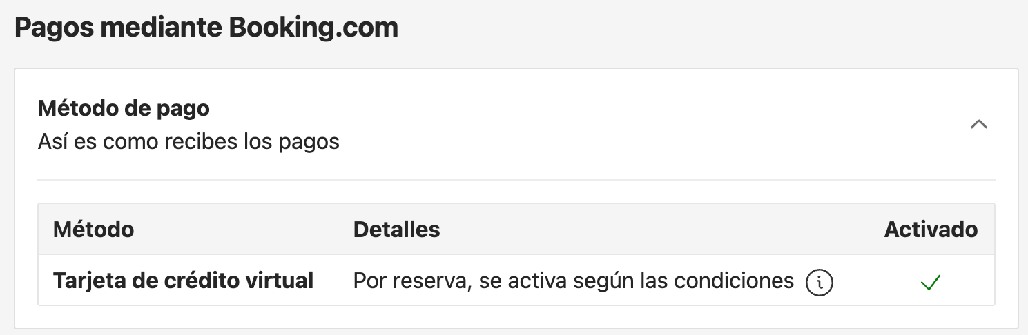Configuración de administración con el método de pago tarjeta de crédito virtual activado