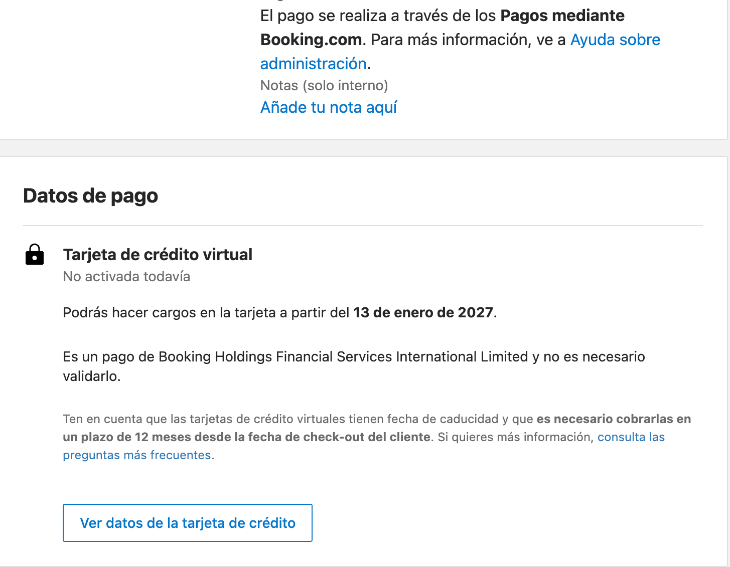 Datos de pago de una reserva con la tarjeta de crédito virtual todavía no activada