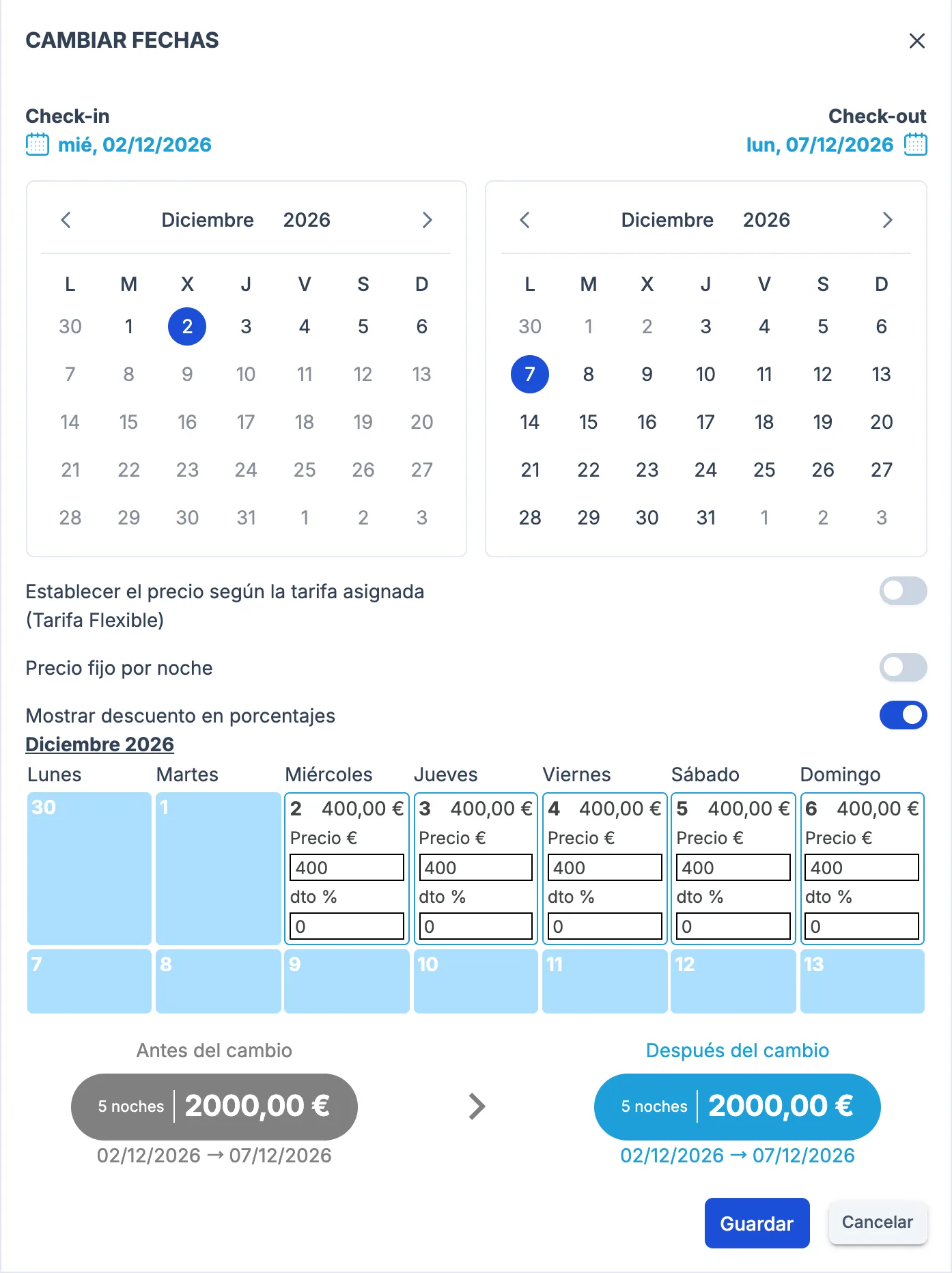 Ventana Cambiar fechas con el precio según tarifa desactivado y el precio de cada noche editable