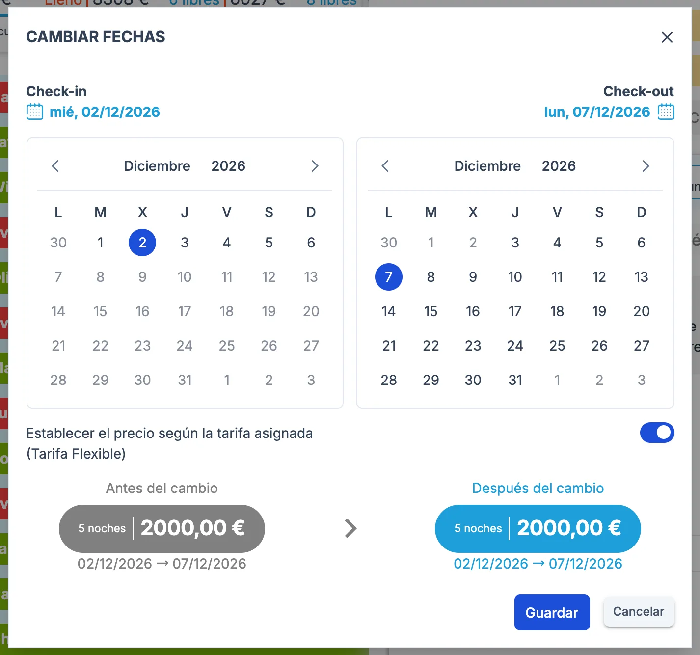 Ventana Cambiar fechas con los calendarios de check-in y check-out y el resumen Antes del cambio y Después del cambio