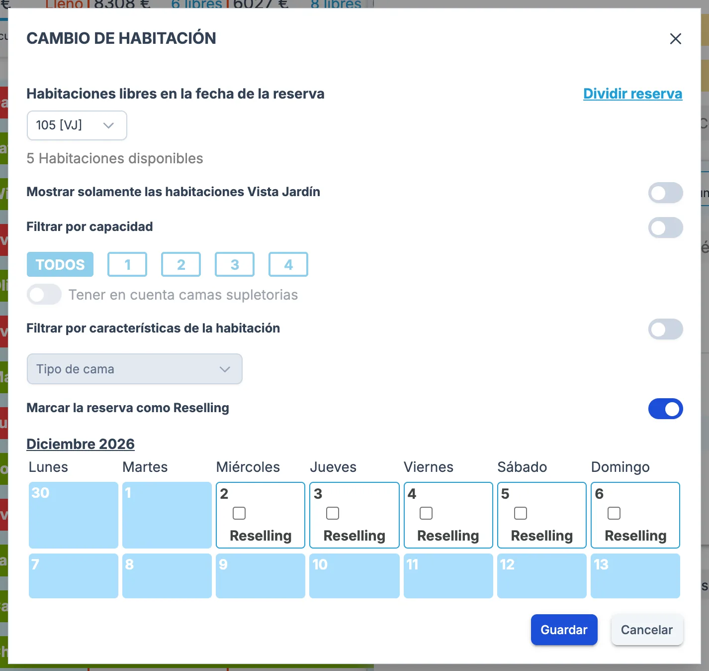 Ventana Cambio de habitación con la opción Marcar la reserva como Reselling activada y una casilla Reselling en cada noche