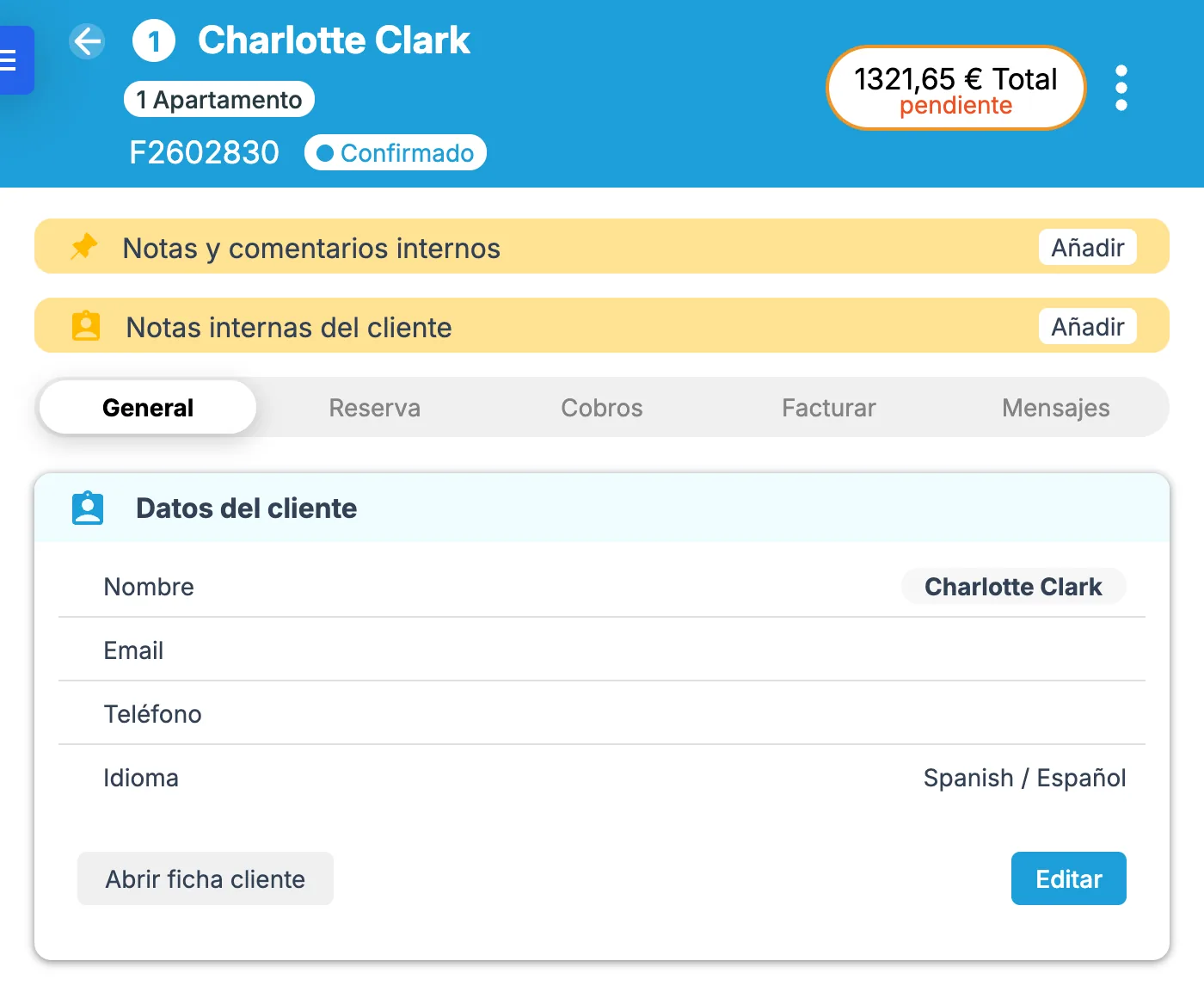 Pestaña General del folio con el bloque Datos del cliente y los botones de la ficha del cliente y Editar