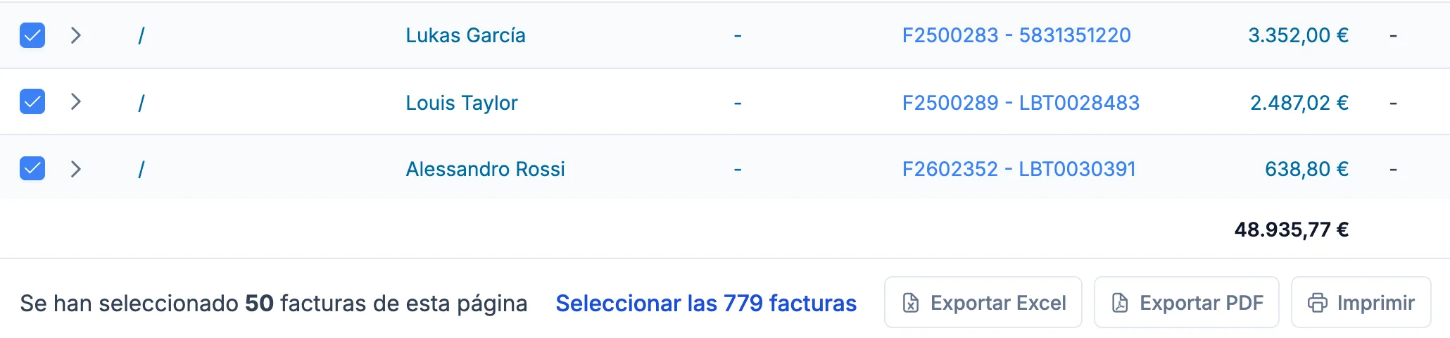 Facturas seleccionadas en la lista, con la barra inferior Exportar Excel, Exportar PDF e Imprimir