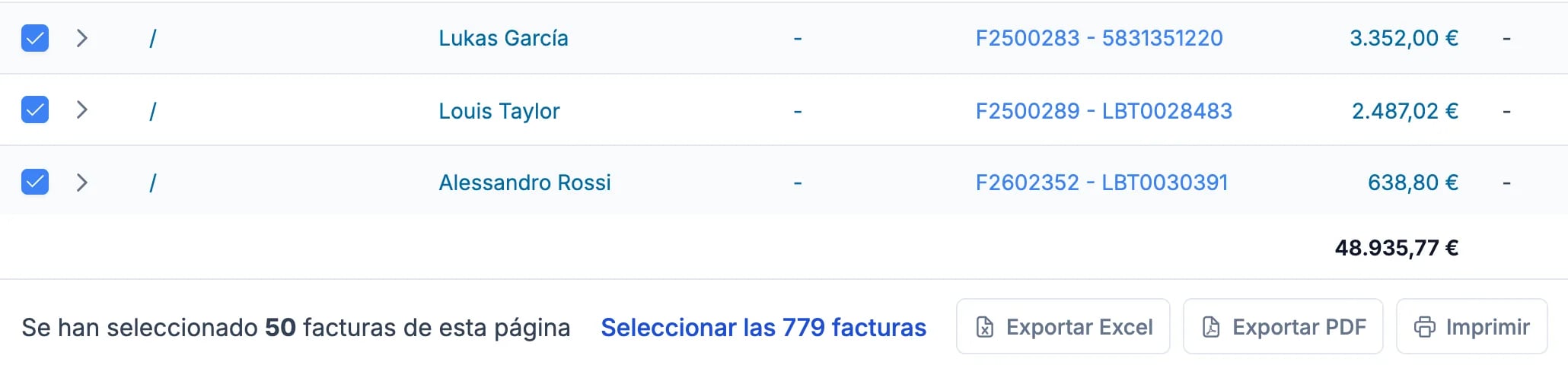 Facturas seleccionadas en la lista, con la barra inferior Exportar Excel, Exportar PDF e Imprimir