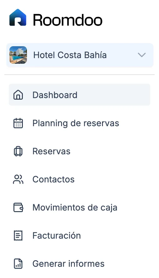 Menú lateral de Roomdoo con la opción Facturación