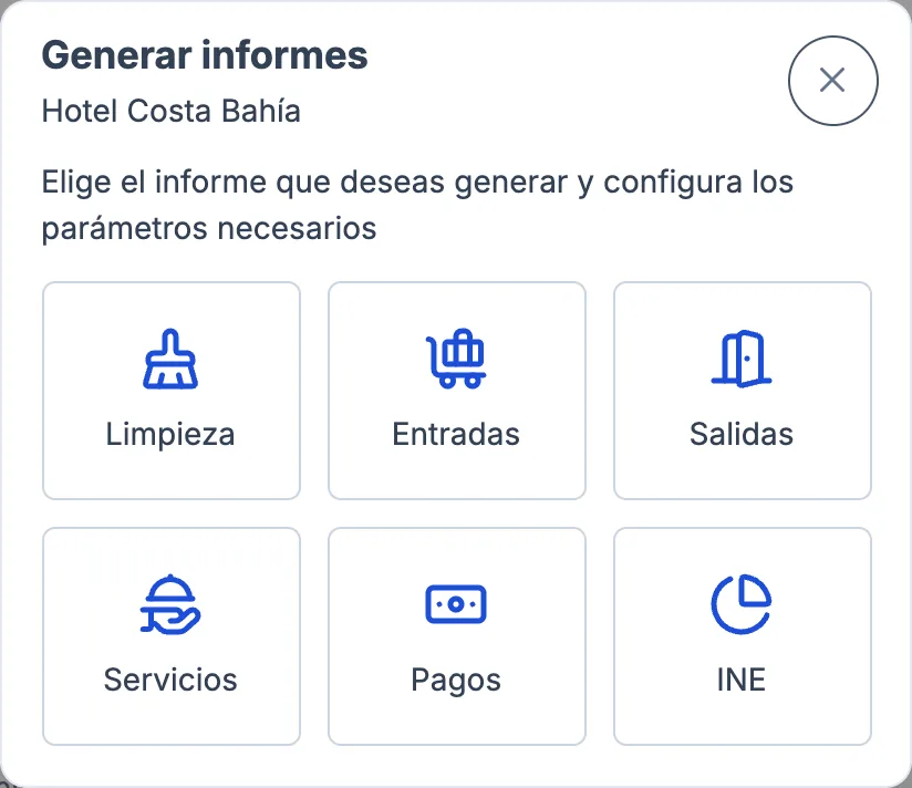 Ventana Generar informes con los informes Limpieza, Entradas, Salidas, Servicios, Pagos e INE