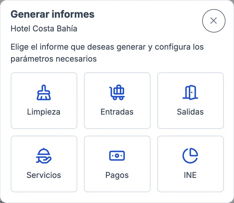 Generate reports window with the Cleaning, Check-ins, Check-outs, Services, Payments and INE reports