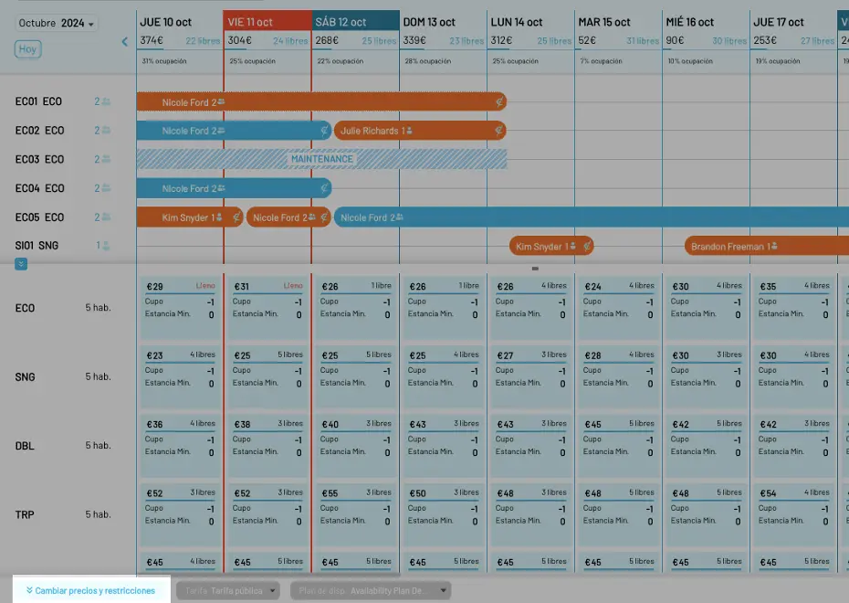 Prices and restrictions panel