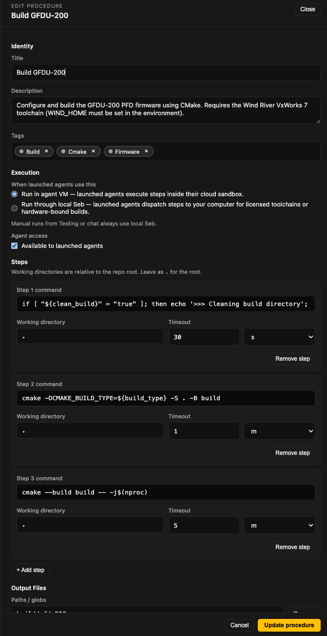 The procedure editor — title, execution mode, steps, and output files