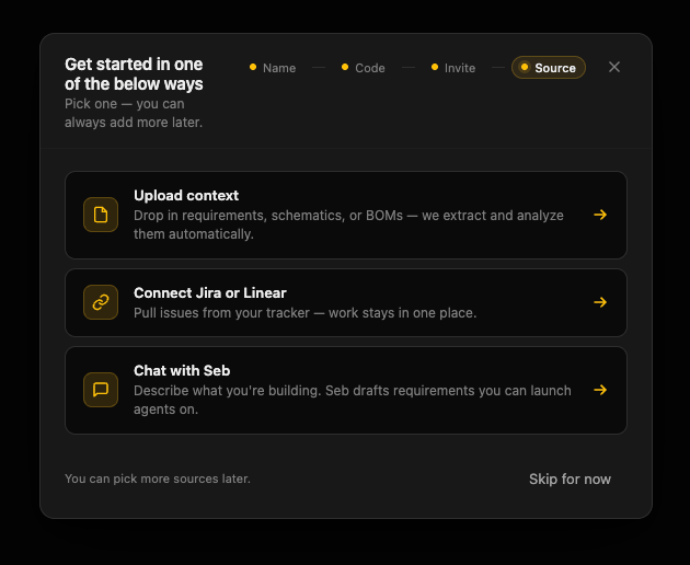Source step of the new project wizard — upload context, connect Jira or Linear, or chat with Seb