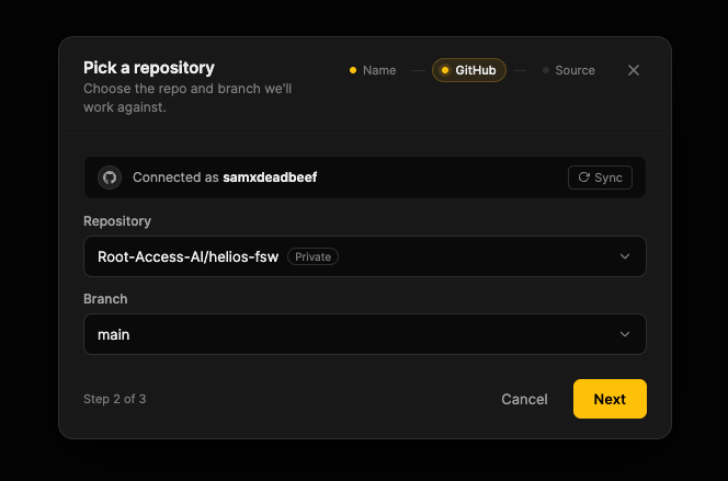 Repo connect step of the new project wizard