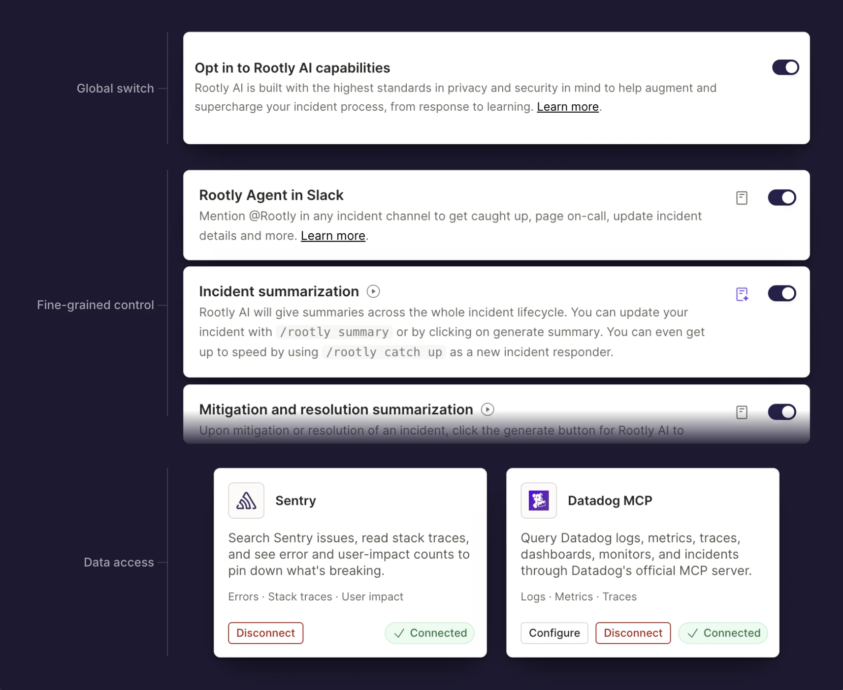 Rootly AI's three tiers of control: the global opt-in switch, fine-grained feature toggles, and connector data access