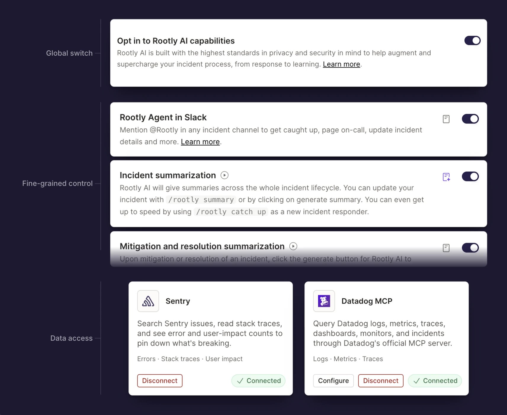 Rootly AI's three tiers of control: the global opt-in switch, fine-grained feature toggles, and connector data access
