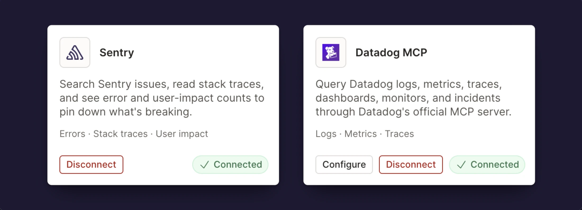 Connected Sentry and Datadog MCP cards on the Connectors page