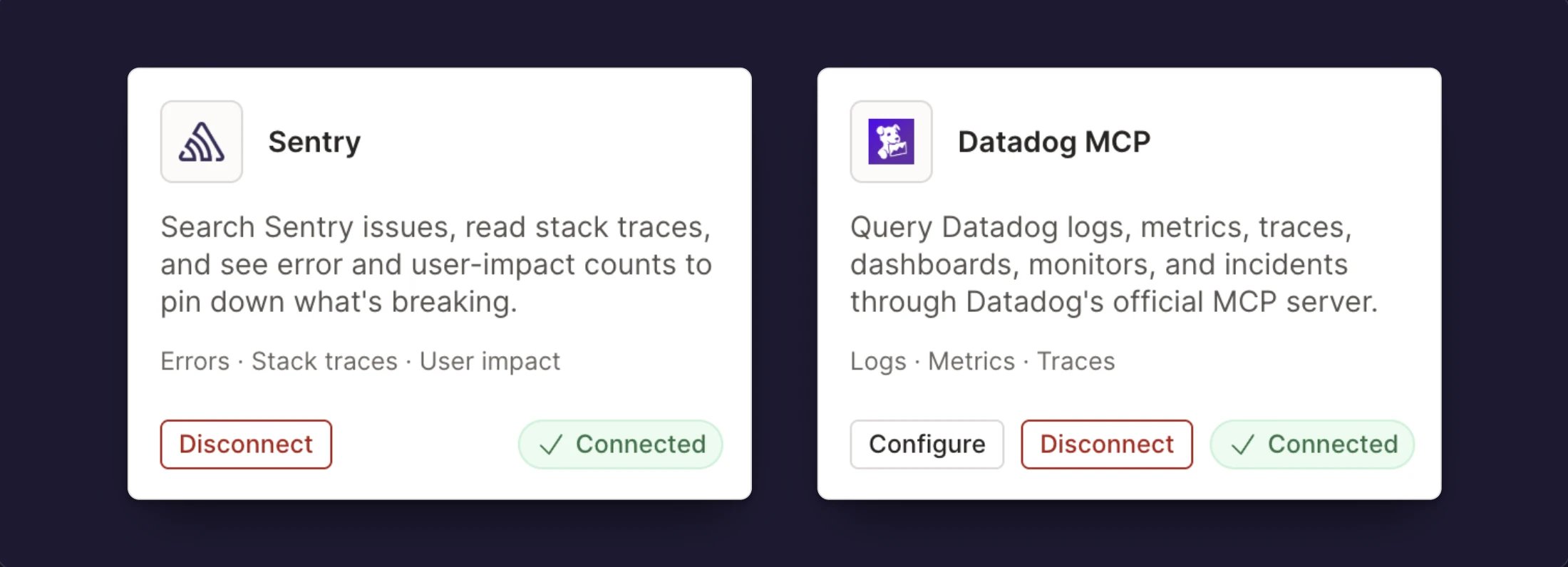 Connected Sentry and Datadog MCP cards on the Connectors page