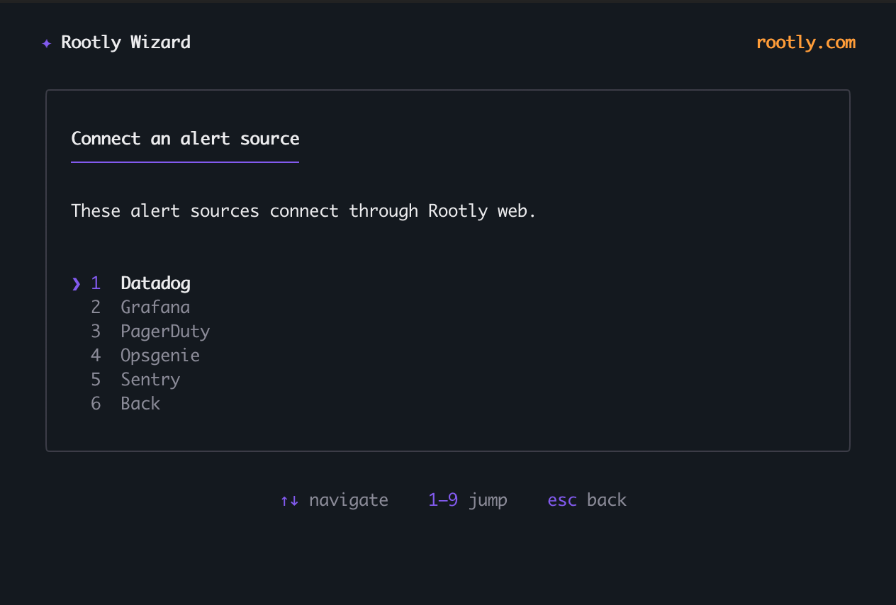 Connect an alert source menu with Datadog, Grafana, PagerDuty, Opsgenie, and Sentry