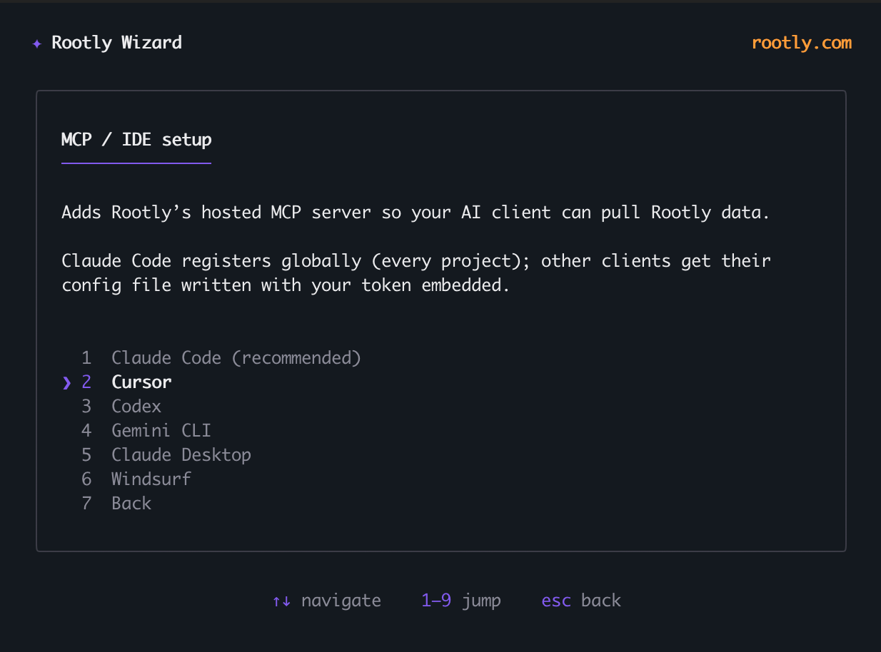 MCP / IDE setup menu listing Claude Code, Cursor, Codex, Gemini CLI, Claude Desktop, and Windsurf