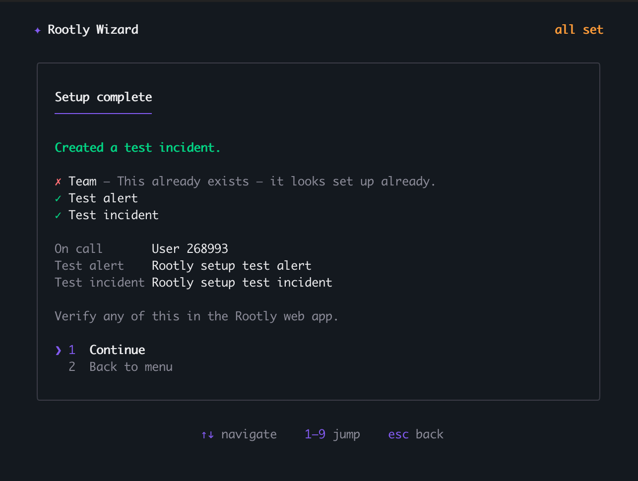 Setup complete summary showing the created test alert and test incident