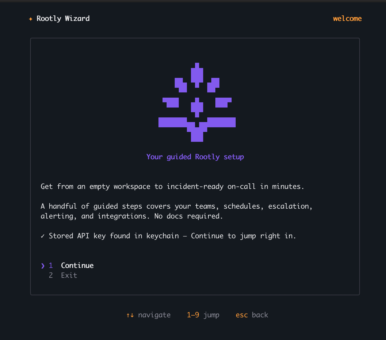 Rootly Setup Wizard welcome screen