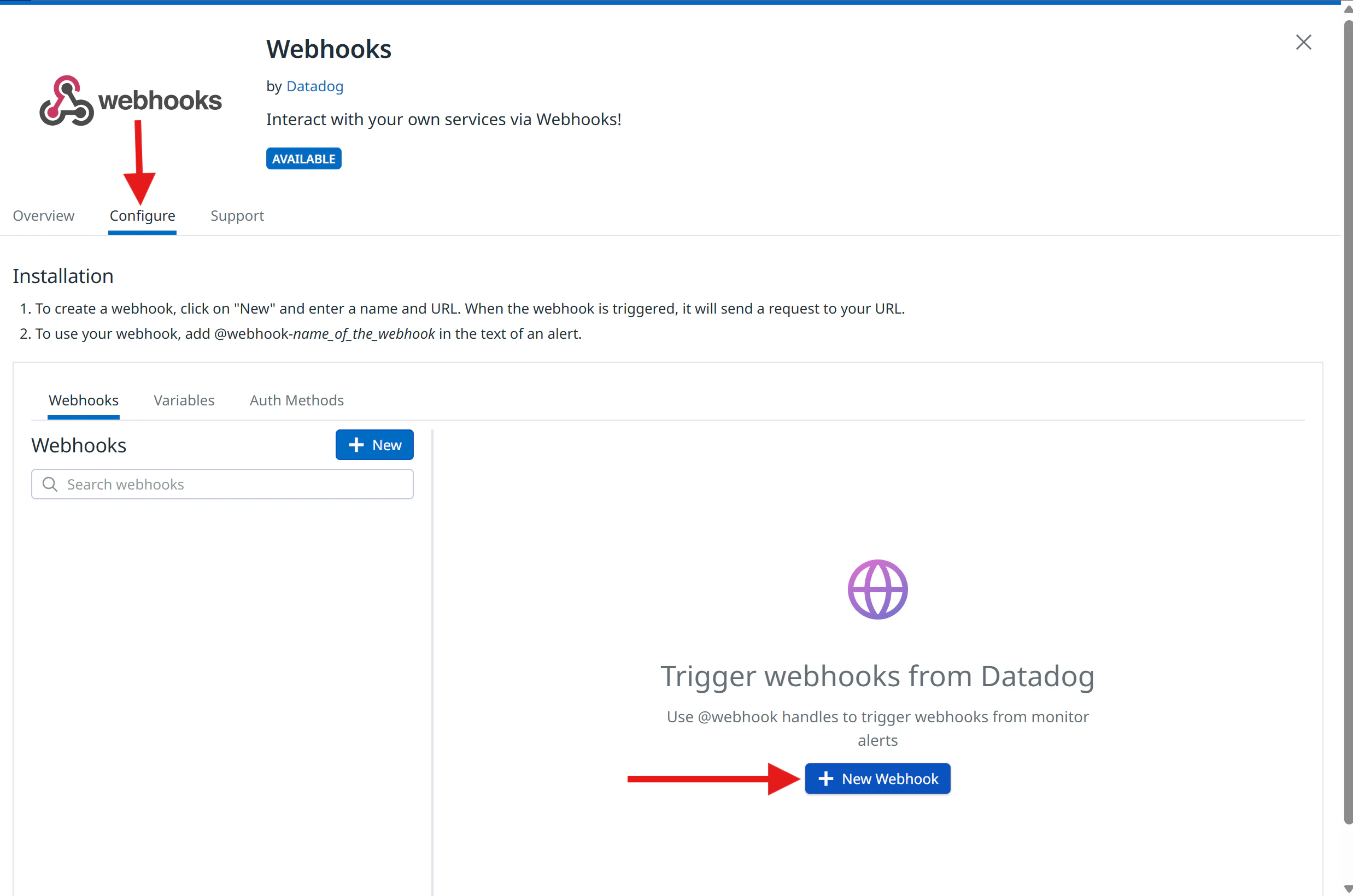 Configuration tab in Datadog Webhooks showing the New button