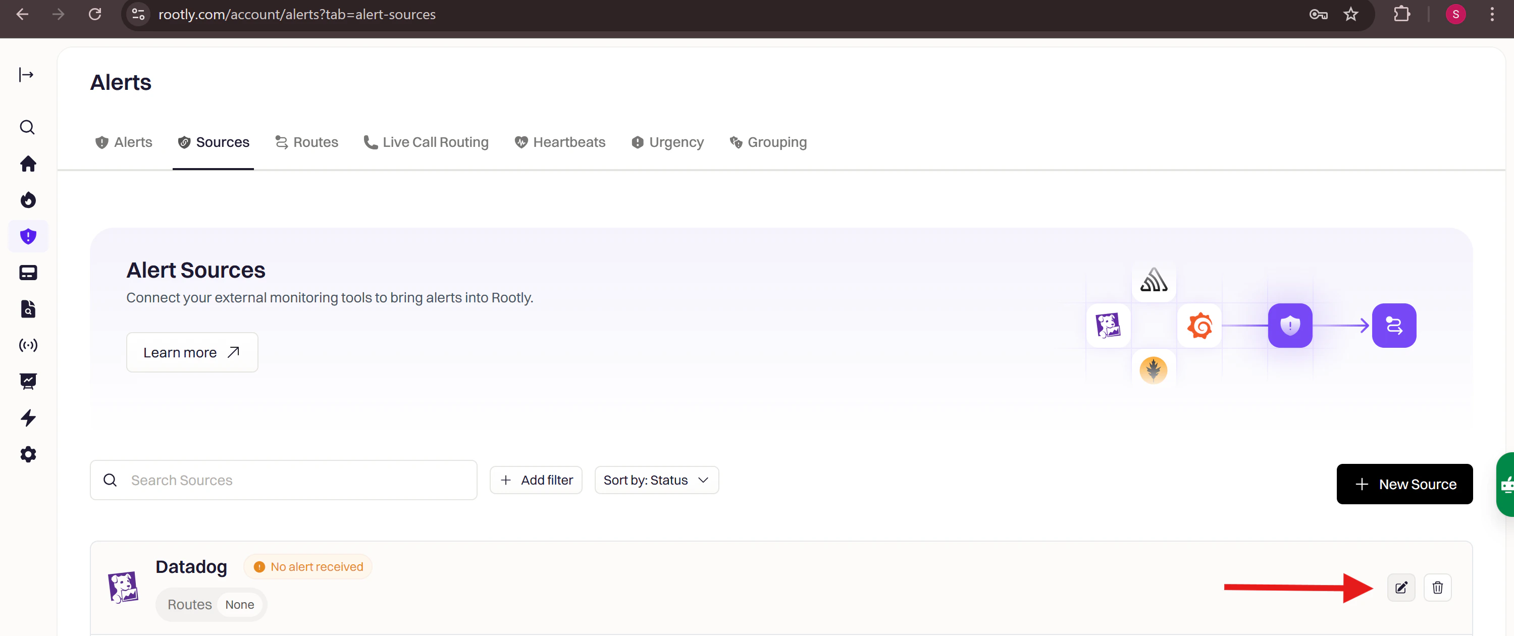 Configure button on the Datadog alert source in Rootly