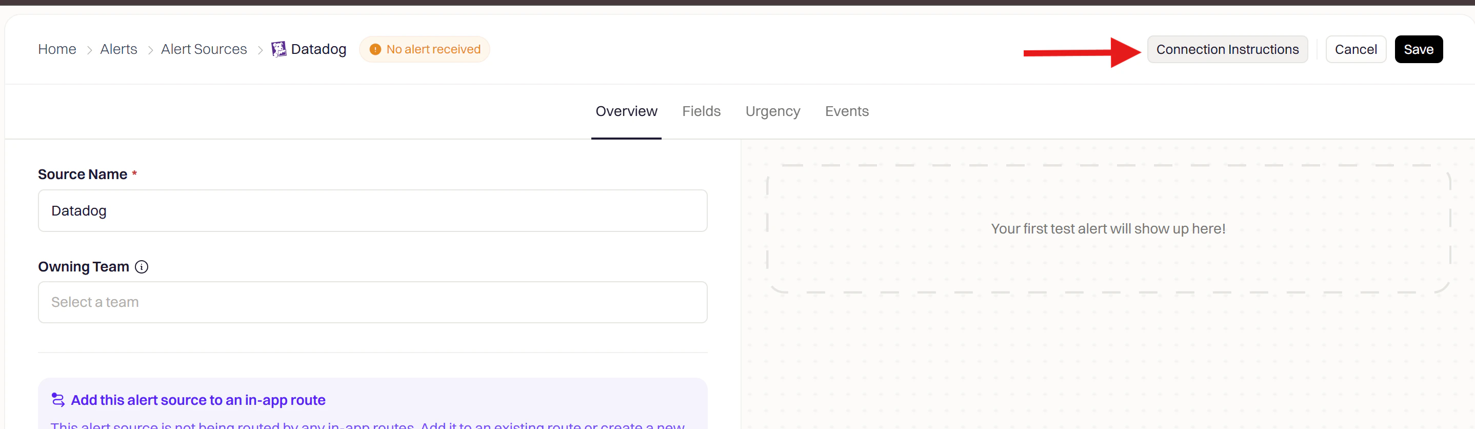 Connection Instructions panel showing the webhook URL and secret