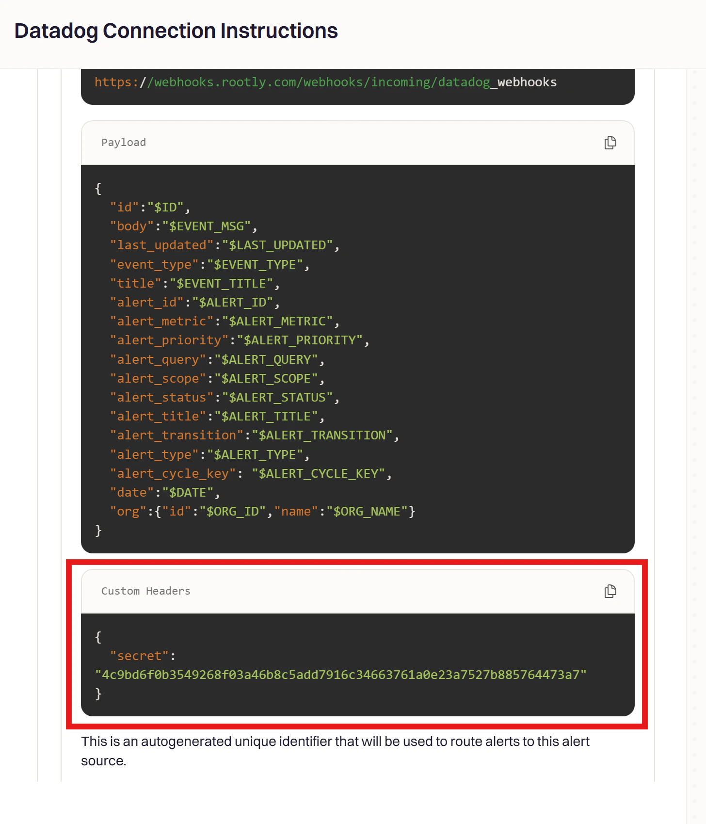 Custom Headers section showing the secret to copy