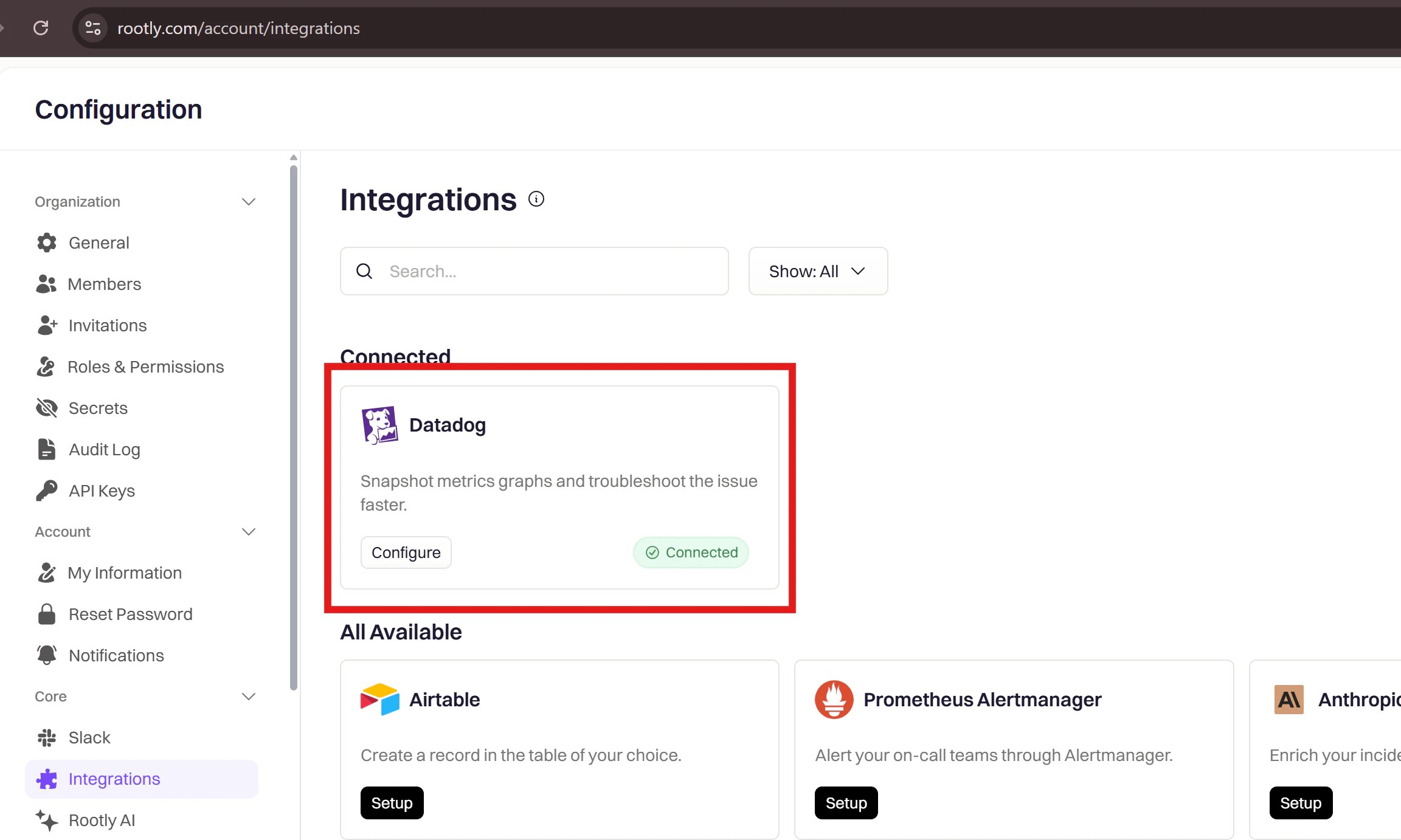 Datadog showing as connected in Rootly's integrations list