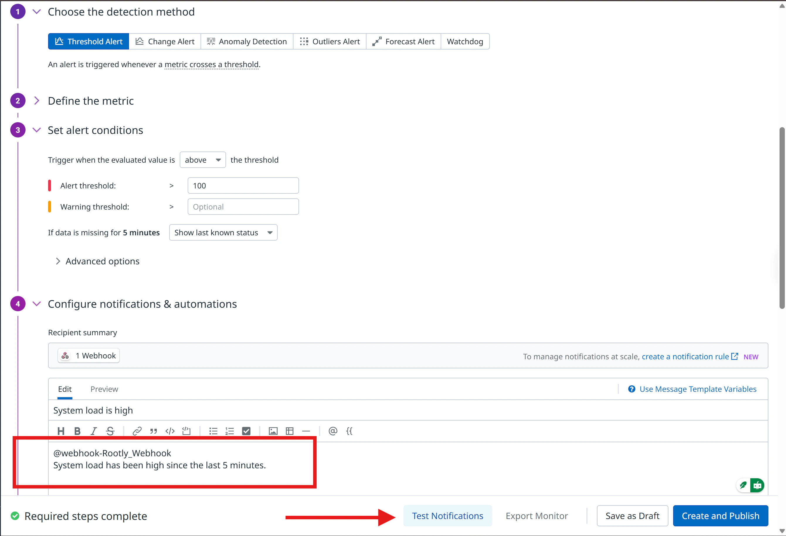 Datadog monitor notification configuration with webhook