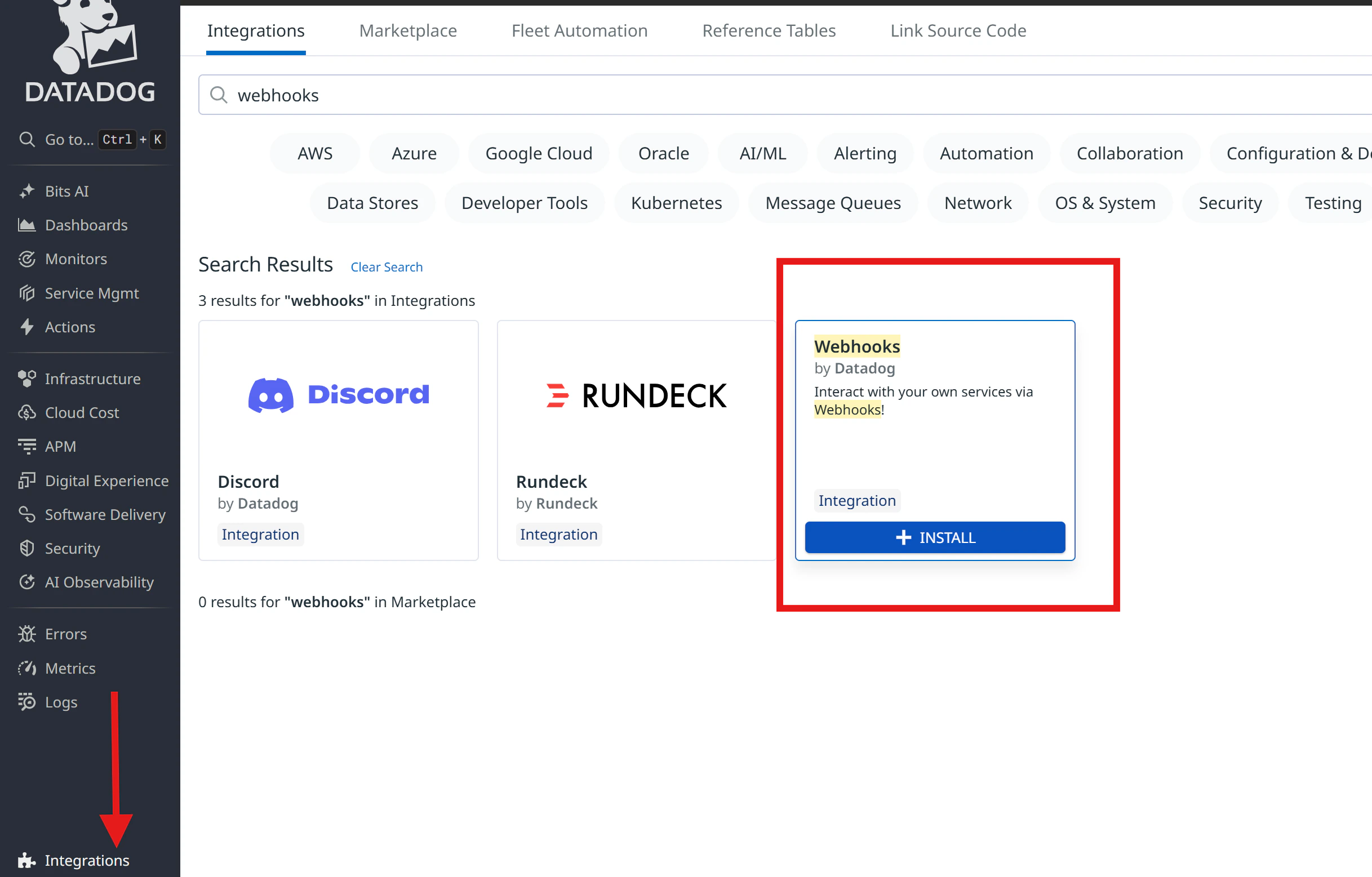 Installing the Webhooks integration in Datadog