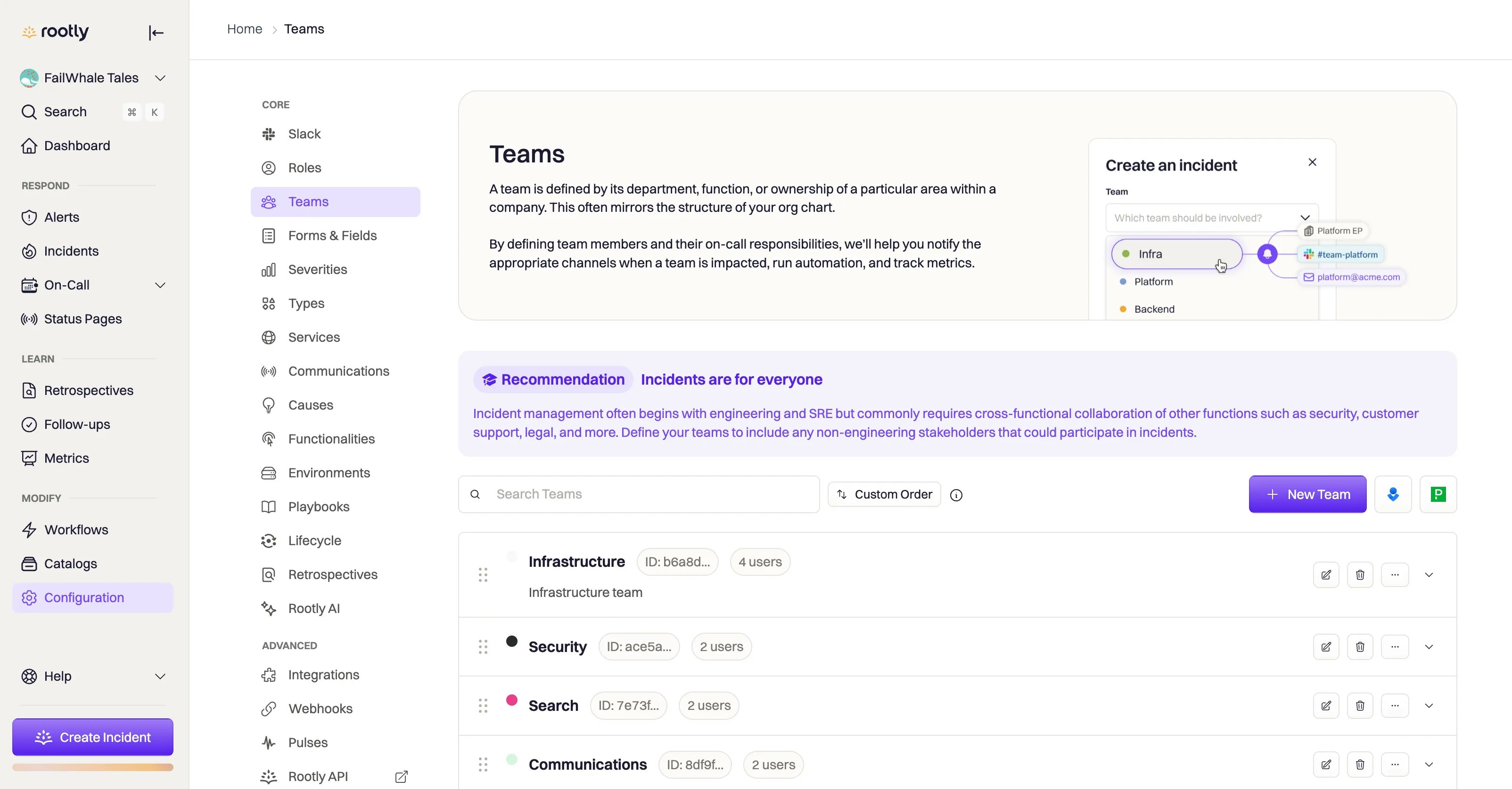 Teams dashboard