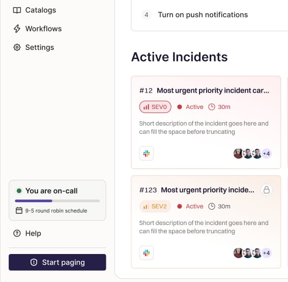 On-call widget in the Rootly web sidebar showing a live on-call status card