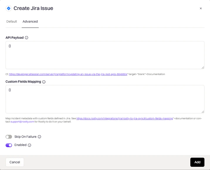 Advanced tab for custom field mapping in Jira action