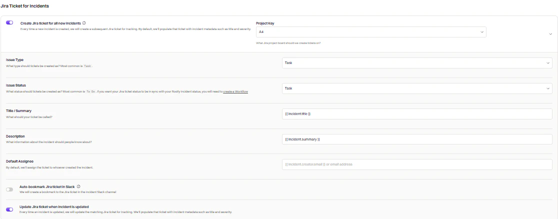 Jira ticket configuration panel for incidents