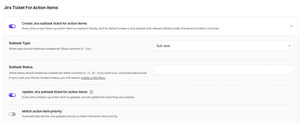 Jira subtask configuration for action items