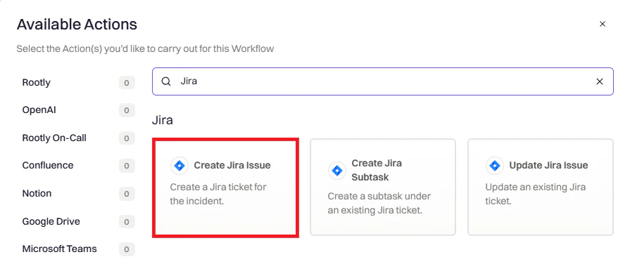 Jira action search in action picker