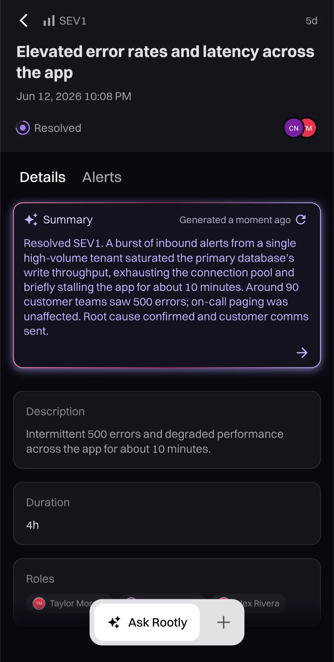 Incident AI summary card in the Rootly mobile app
