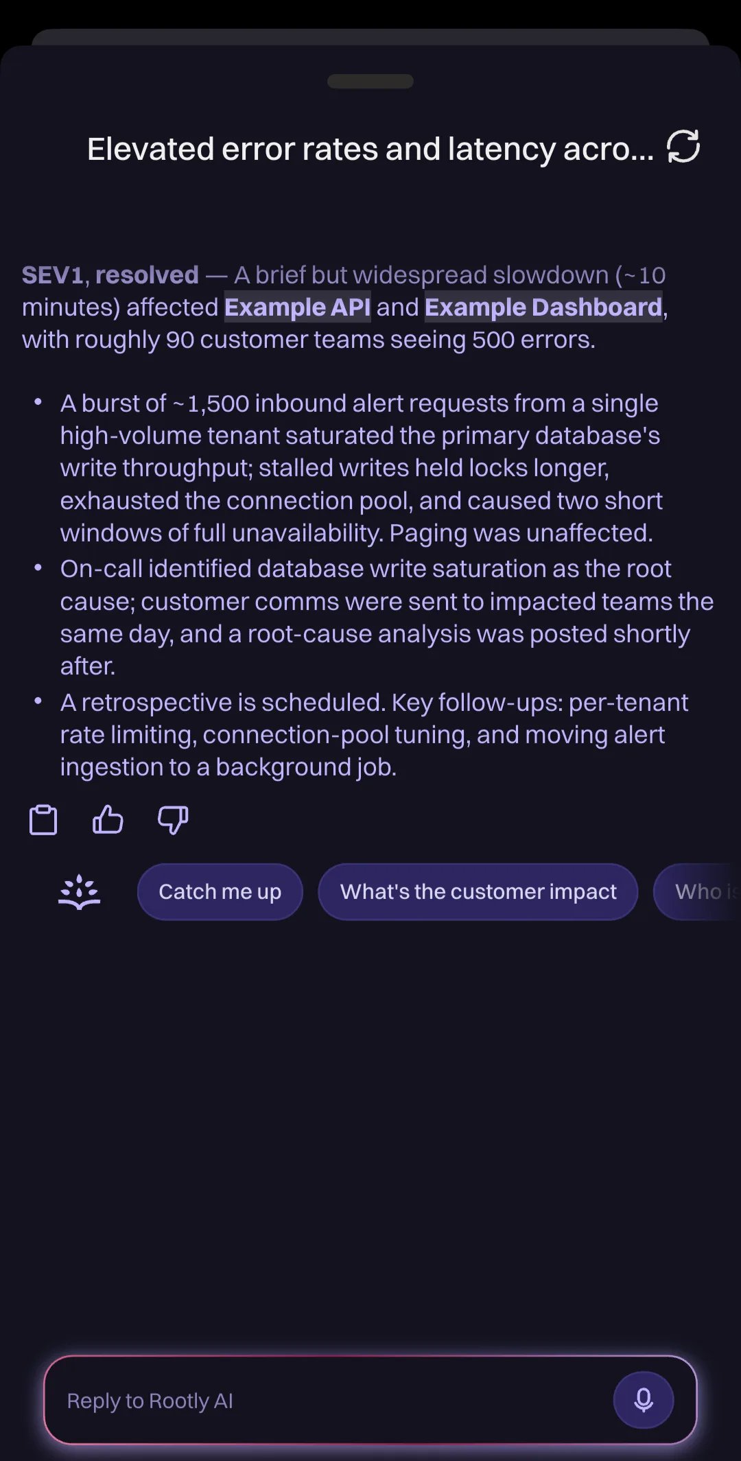 Expanded incident AI summary in the Rootly mobile app