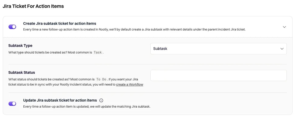 The settings for the Jira integration for automating tasks based on action items.