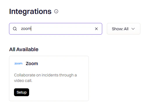 Zoom integration card in Rootly integrations catalog