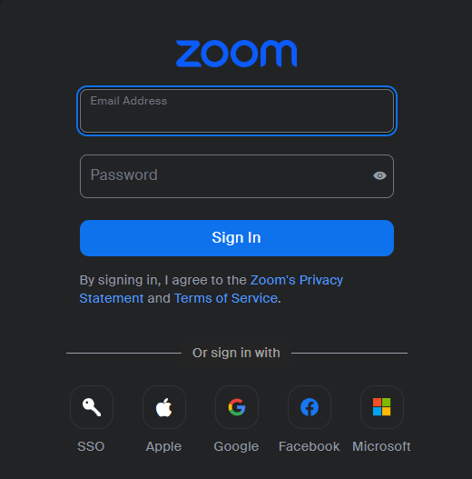 Zoom sign-in method selection screen