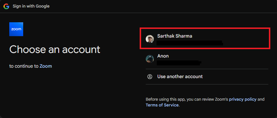 Account selection for Zoom sign-in