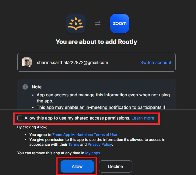 Zoom OAuth permission request for Rootly