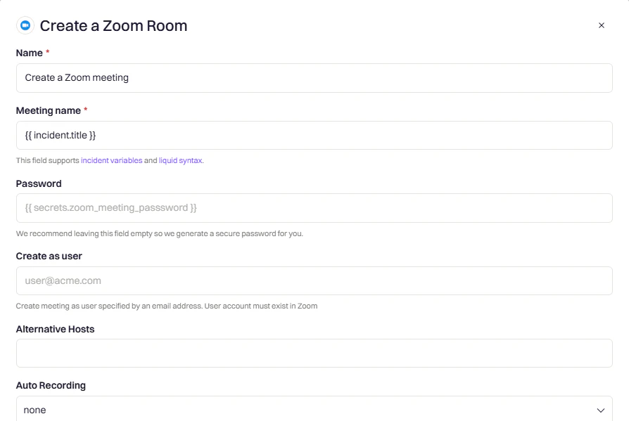 Zoom Create Room action in workflow builder