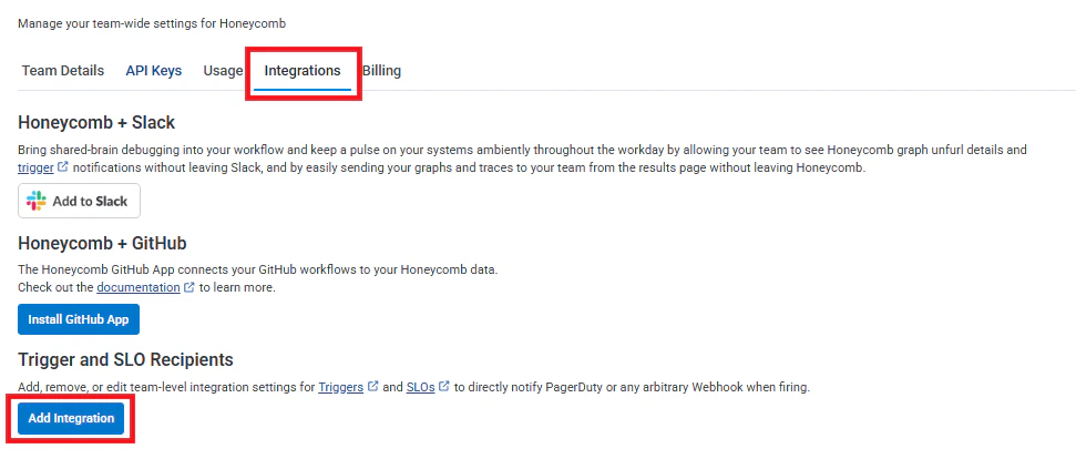 Honeycomb Integrations page with Add Integration button
