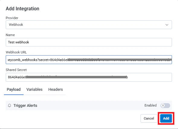 Save webhook integration in Honeycomb