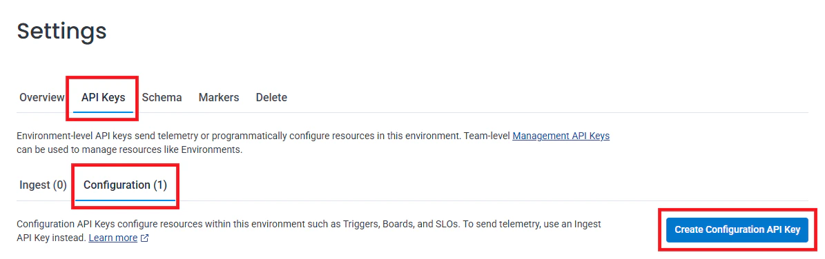 Honeycomb Settings menu with API Keys option