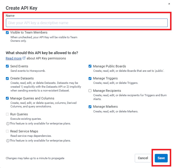Create Configuration API Key dialog in Honeycomb
