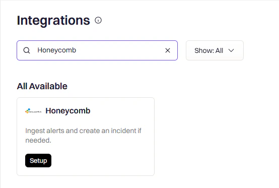 Integrations page with Honeycomb search result